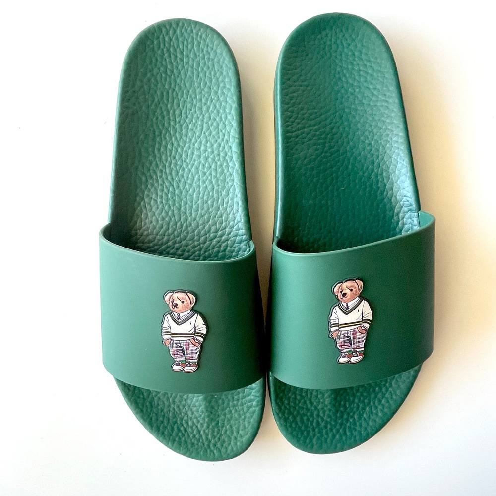 Polo Ralph Lauren Bear Slides Sz 14 Forest Green Preppy Resort Wear Pool